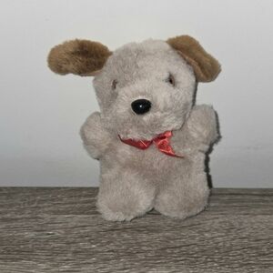 Manley Vintage Tan Brown Puppy Dog Plush Stuffed Animal w/Red Bow 5"